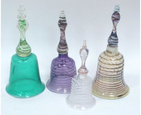 A Victorian Green Glass Bell, with Nailsea style green and white handle, 27cm high, an amethyst Nailsea style glass bell, 324