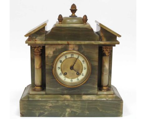 A Late XIX Century Green Onyx Mantle Clock, with gilt metal mounts, of architectural form, with pillars to each side, the cir