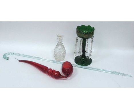 A Victorian Cranberry Glass Pipe, with three knopped stem, 44cm long, a green table lustre hung with prismatic drops, 27cm hi