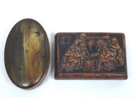 An Early- Mid XIX Century Walnut Snuff Box, of rectangular form, the hinged lid carved with figures in a tavern, 9cm long; An