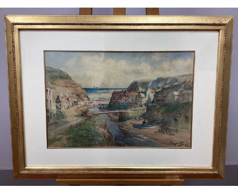 THOMAS SWIFT HUTTON (1865-1935)Staithes, view of the harbour, watercolour, signed and dated 1923 lower right,35 x 52.5cm.