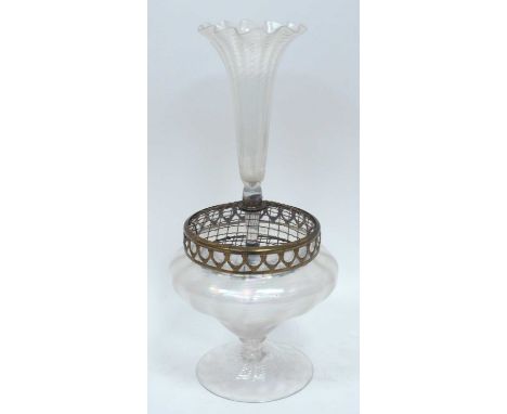 A Late Victorian Table Centrepiece, in iridescent cloudy glass, the shaped circular body mounted by a tall epergne with gilt 