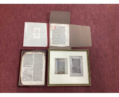 Two Pages of an Illuminated Manuscript on Vellum, 17 x 11cm and 13 x 10.5cm, framed together and a framed page from Higden (R