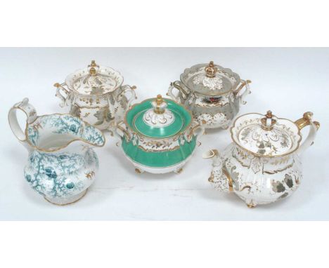 A Rockingham Porcelain Teapot and Cover, with crown finial, decorated in grey and gilt with floral sprigs, unmarked, 19cm hig