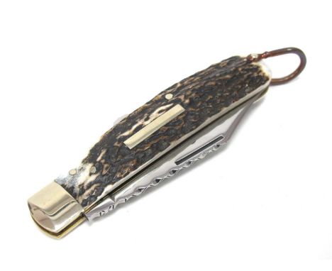 Stan Shaw; Lock Knife, stag scales, single nickel silver bolster, lanyard ring, brass worked linings, work back to spring and