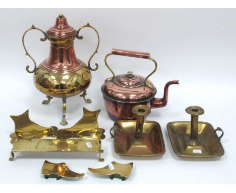 A Victorian Brass Cribbage Board, of rectangular form raised on scrolling feet, a pair of brass chambersticks, copper kettle,