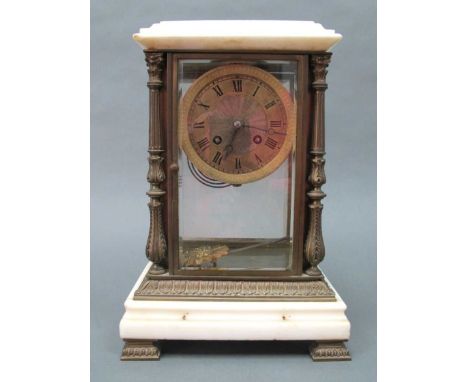 A Late XIX Century Mantle Clock, with gilt metal and white marble case cast with foliage, glass panels to side, the circular 