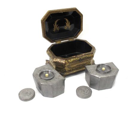 A Mid XIX Century Chinese Export Black Lacquer and Gilt Tea Caddy, of elongated octagonal form decorated with figural scenes 