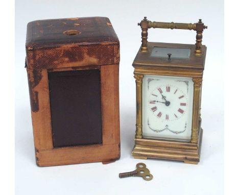 An Early XX Century Repeater Carriage Clock, of typical form, the brass case with Corinthian columns and carrying handle, the