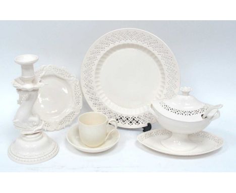 A Reproduction Leeds Cream Ware Pierced Sauce Boat on Stand, with ladle, a dolphin candlestick, pierced plates, cup and sauce