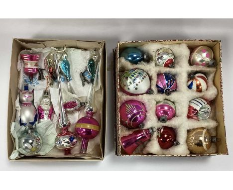 Vintage Xmas Decorations, to include three birds, cat, santa, bell, baubles (22), in two boxes.ALL ITEMS WITH AGE RELATED WEA