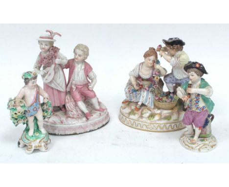 A Late XIX Century Meissen Porcelain Figure Group, modelled as a young lady and gentleman, she holding a garland of flowers b