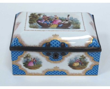 A Continental Porcelain Trinket Box and Hinged Cover (detached), of square form, painted in panels with figures in landscapes