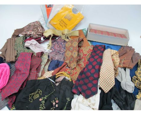 A Collection of Ladies and Gents Vintage Accessories, including stockings, leather gloves, Japanese tapestry clutch bag, nigh