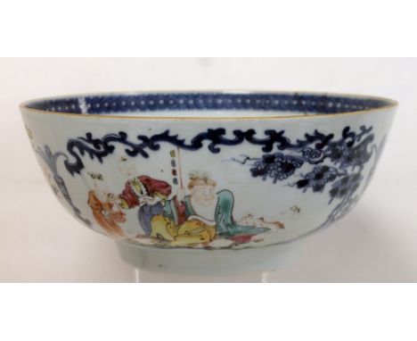 18th century Chinese Export famille rose punch bowl with two large panels of figures surrounded by floral & foliate scroll bo