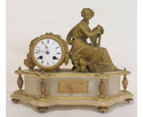 19th century French gilt metal & alabaster mantel clock by E. Forestier, Bordeaux, the white enamel dial with Roman numerals 