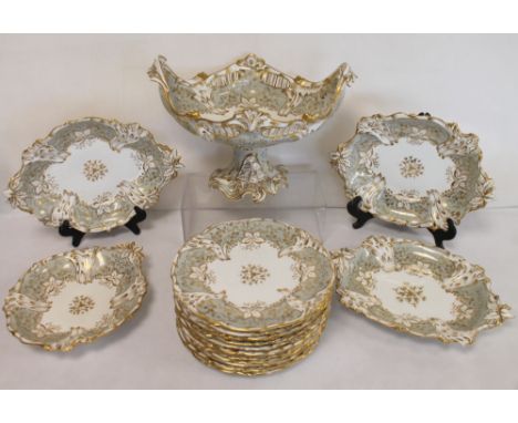Early 19th century English porcelain dessert service with gilt foliate scrolling on grey ground, gilt fractional pattern no. 