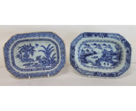 Two 18th century Chinese Export blue & white sauce tureen stands of octagonal form, one with landscape panel, lattice butterf