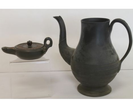 Rare early 19th century Wedgwood black basalt Roman oil lamp & cover, impressed mark, stapled repair to handle, 13.5cm long; 