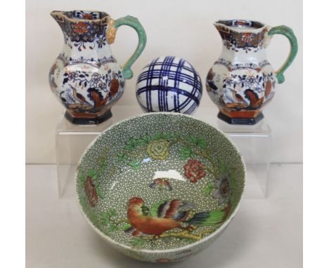 19th century blue & white pottery carpet bowl, 10cm diam.; two graduated Fenton stoneware hexagonal baluster jugs, 13cm & 12.