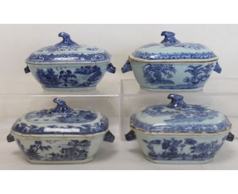 Four 18th century Chinese export blue & white covered sauce tureens, all with twin rabbit mask handles & scroll finials to co