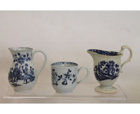 18th century Worcester porcelain sparrowbeak baluster cream jug,in "Three Ladies" pattern, decorated in underglaze blue with 