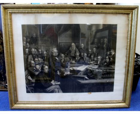 "The House of Commons 1860", a monochrome engraving by T. O. Barlow, after an original by John Phillip, R.A., 74cm x 92.5cm; 