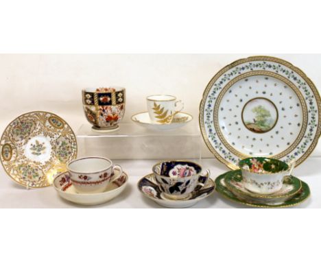 Small collection of English porcelain tea wares; Davenport Imari bowl & a Continental porcelain plate.  (12).   Condition Rep