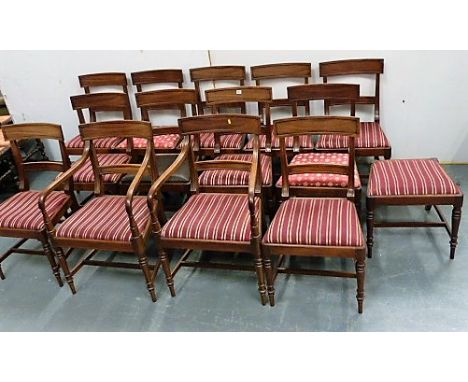 Set of thirteen Georgian mahogany dining chairs, including two carver armchairs, each with recessed panel toprail, midrail an