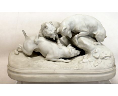 Victorian parian figure group of three dogs hunting, on naturalistic oval plinth base, slight damages, unmarked, 33cm wide.