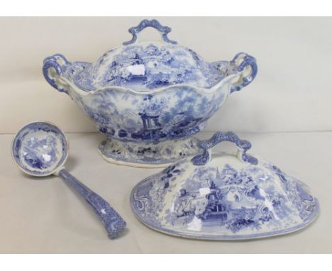 19th century Improved Stone China "Sicilian" pattern blue & white transfer decorated large twin handled covered tureen with m