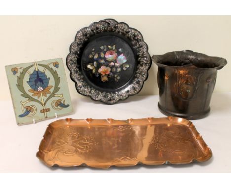 Commercial Arts & Crafts copper jardiniere with lobed rim & moulded lozenge panels, 27cm diam.; John Sankey copper tray, lack