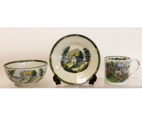 19th century Staffordshire pottery mug with transfer decoration depicting hunting scenes, 10cm high; also early 19th century 