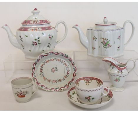 Collection of late 18th century New Hall porcelain comprising: lobed quatrefoil teapot, pattern no. 208, 15cm high; wreathen 