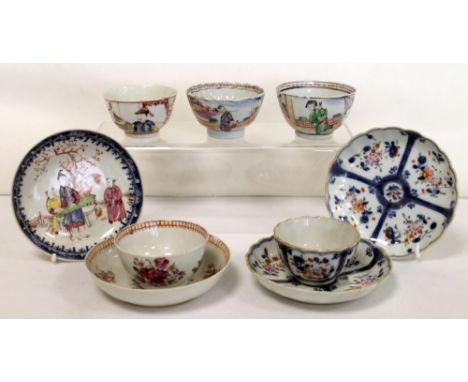 Collection of nine 18th century Chinese tea bowls & saucers, mainly decorated in the famille rose palette. Condition Report. 