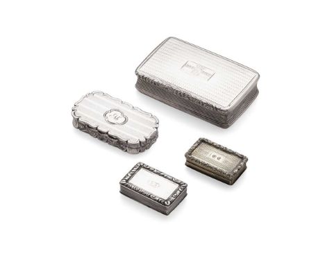 A William IV snuff box Joseph Wilmore, Birmingham 1830, of rectangular outline, engine turned decoration, the lid engraved wi