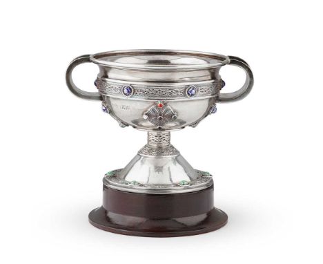 A George V reproduction twin-handled Ardagh Chalice  RS, Dublin 1917, with enamel set bosses and Celtic motif borders, the un