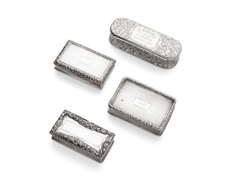A collection of four Victorian snuff boxes   Joseph Willmore, Birmingham 1838, cast foliate border, to a vacant cartouche; Jo