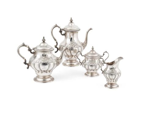 Y An early 20th-century American four-piece tea service  marked Gorham, Sterling silver, comprising a waterpot, teapot, twin-