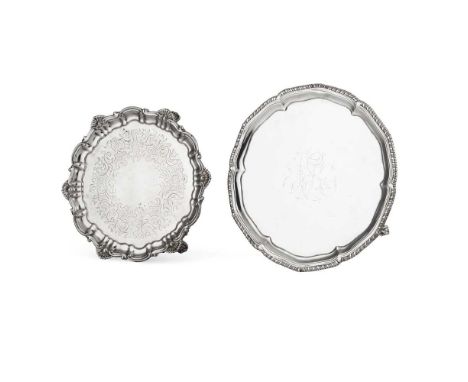A George II card tray  I.C., London 1771, of moulded circular outline, gadrooned border, with engraved initials to the centre