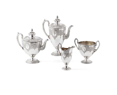 Y A Victorian four-piece tea and coffee-service   Martin, Hall & Co, London 1875, comprising a tall coffee pot, teapot, twin-