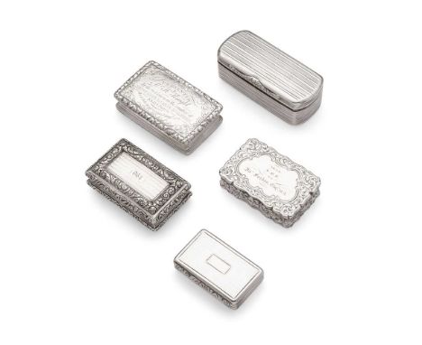 A Victorian snuff box   Edward Shaw, Birmingham 1860, of rectangular outline engraved scroll border, presentation engraving t