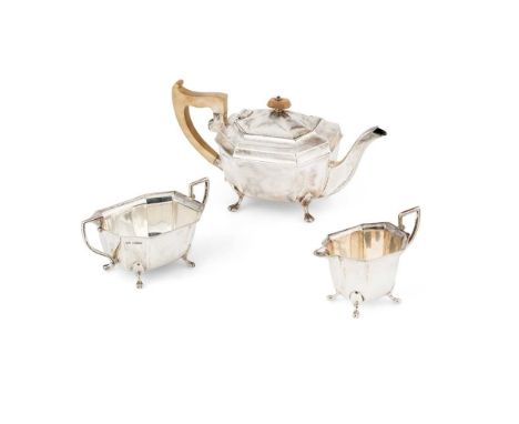A 1930s Art-Deco three-piece tea-service  Viner's Ltd, Sheffield 1937, comprising a teapot, twin-handled sugar basin and a mi