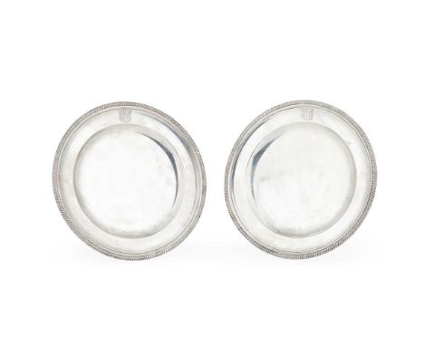A pair of George III first course plates   Timothy Renou, London 1801, each of circular outline with a gadrooned border, engr