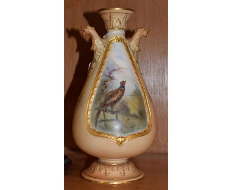 Royal Worcester blush ivory pedestal vase, the main panel decorated with a pheasant, signed Jas Stinton