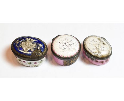 Three late 18th century enamel patch pots, including 'Love Constitutes the Value' motto example, all a.f.  (3)