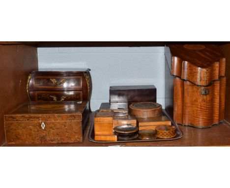 Two 19th century snuff boxes, small inlaid boxes, George III mahogany inlaid knife box, miniature French chest of drawers, et