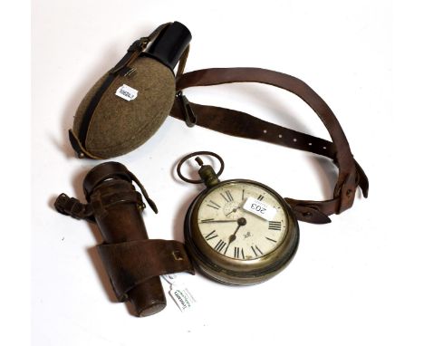 A German oversized pocket watch, a leather cased hunting flask; and a military water flask on a leather belt