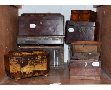 A 19th century Chinese black lacquered tea caddy, together with other 19th century caddies and boxes (a.f.) (7) 