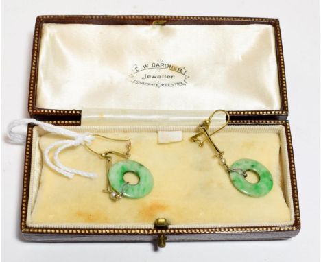 A pair of jade drop earrings, length 5.1cm .  Unmarked. Gross weight 3.6 grams. 